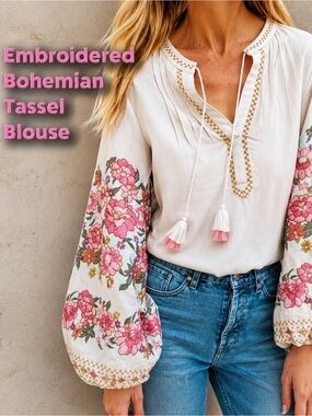 Embroidered Bohemian Tassel Blouse